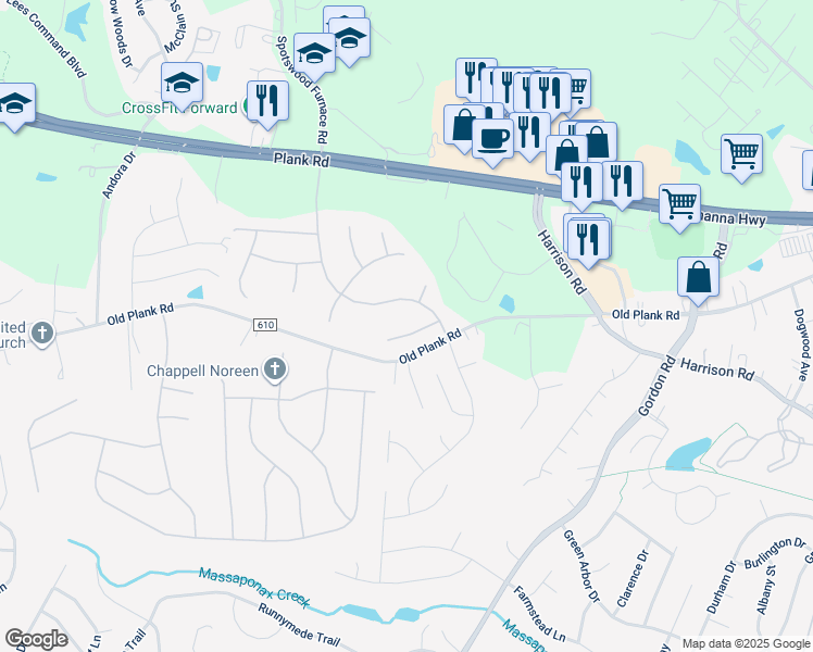 map of restaurants, bars, coffee shops, grocery stores, and more near 7107 Crown Jewels Court in Fredericksburg