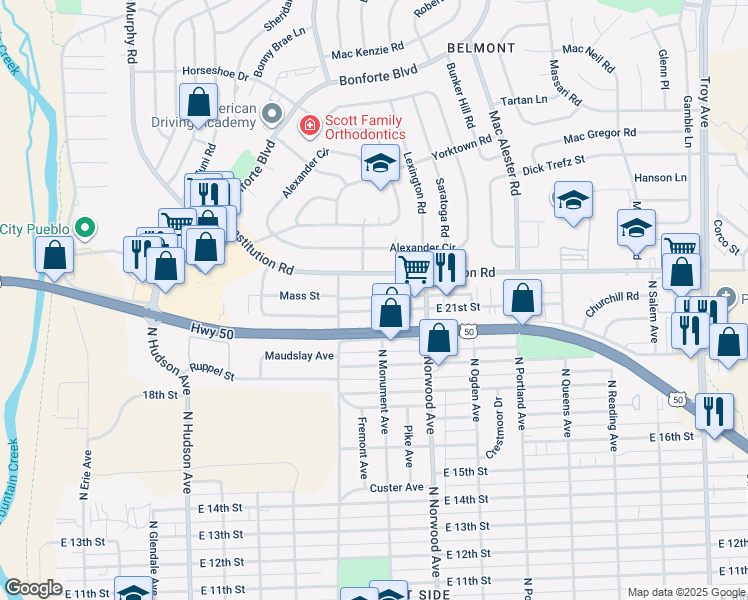 map of restaurants, bars, coffee shops, grocery stores, and more near 1320 Anita Street in Pueblo
