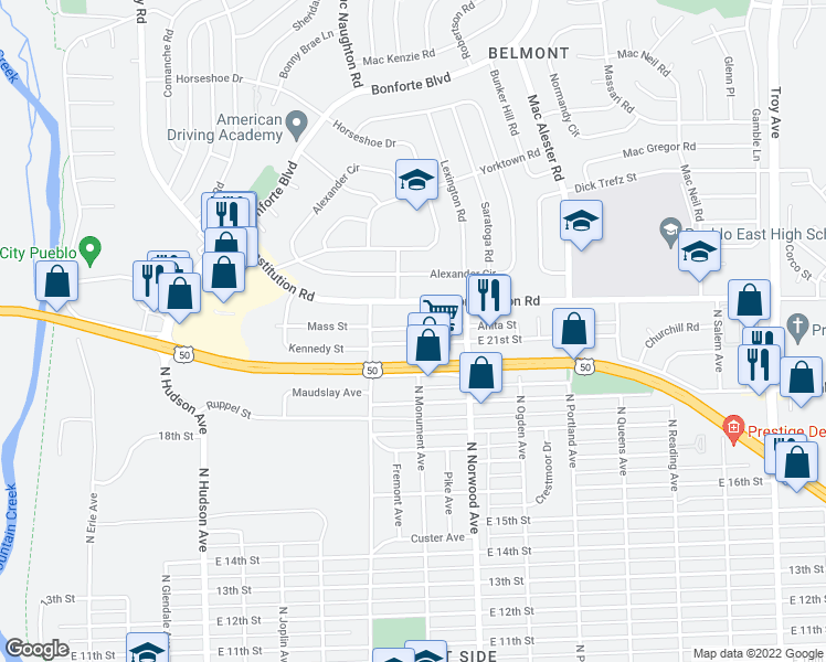 map of restaurants, bars, coffee shops, grocery stores, and more near 1324 Anita Street in Pueblo