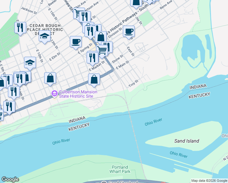 map of restaurants, bars, coffee shops, grocery stores, and more near 1612 Dewey Street in New Albany