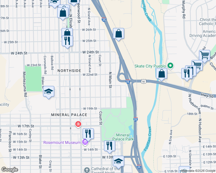map of restaurants, bars, coffee shops, grocery stores, and more near 2075 North Main Street in Pueblo