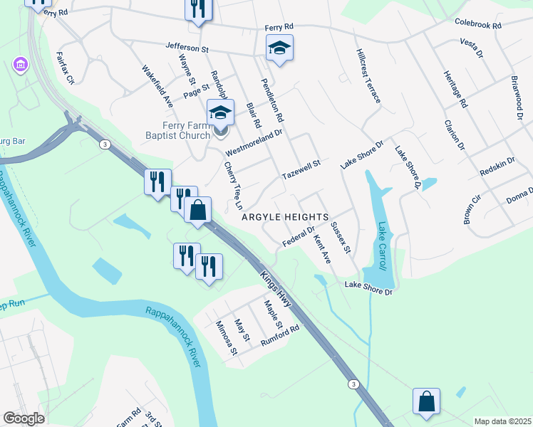 map of restaurants, bars, coffee shops, grocery stores, and more near 105 Windsor Circle in Fredericksburg