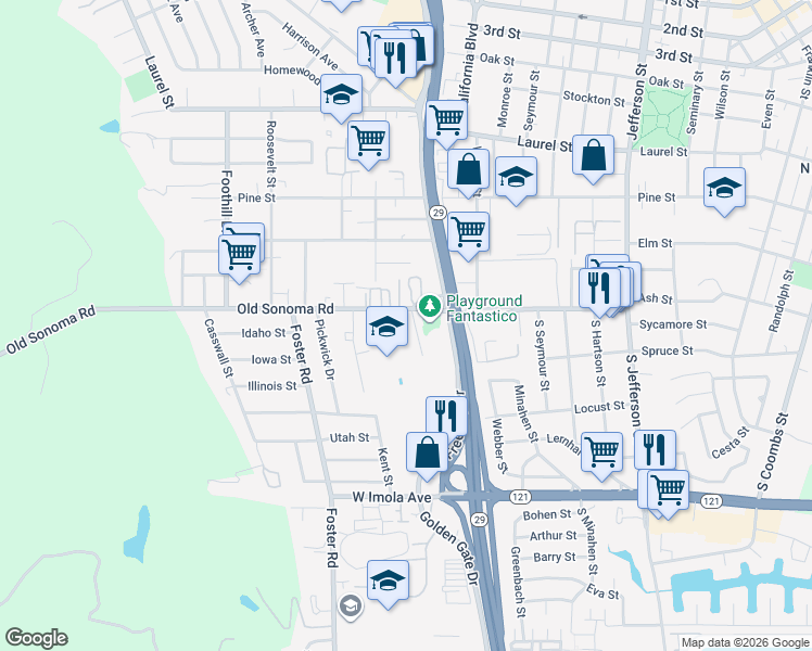 map of restaurants, bars, coffee shops, grocery stores, and more near 2447 Old Sonoma Road in Napa