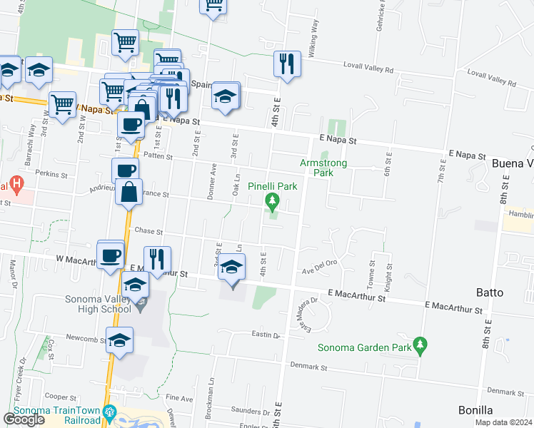 map of restaurants, bars, coffee shops, grocery stores, and more near 720 4th Street East in Sonoma