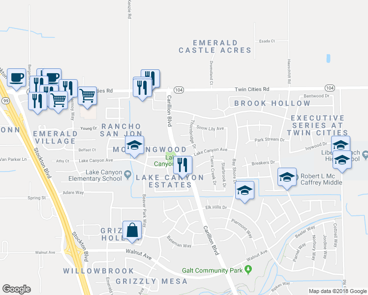 map of restaurants, bars, coffee shops, grocery stores, and more near Scarletwood Court in Galt