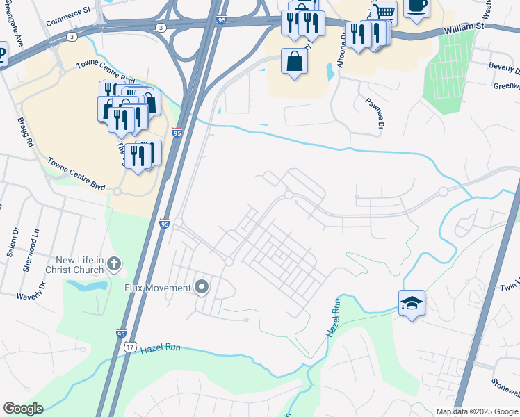 map of restaurants, bars, coffee shops, grocery stores, and more near Gayle Terrace in Fredericksburg