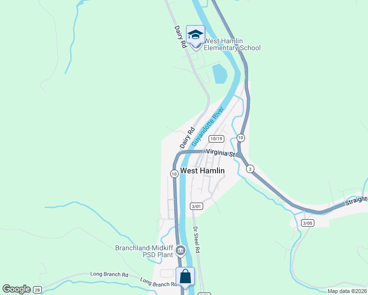 map of restaurants, bars, coffee shops, grocery stores, and more near 16 Dairy Road in West Hamlin