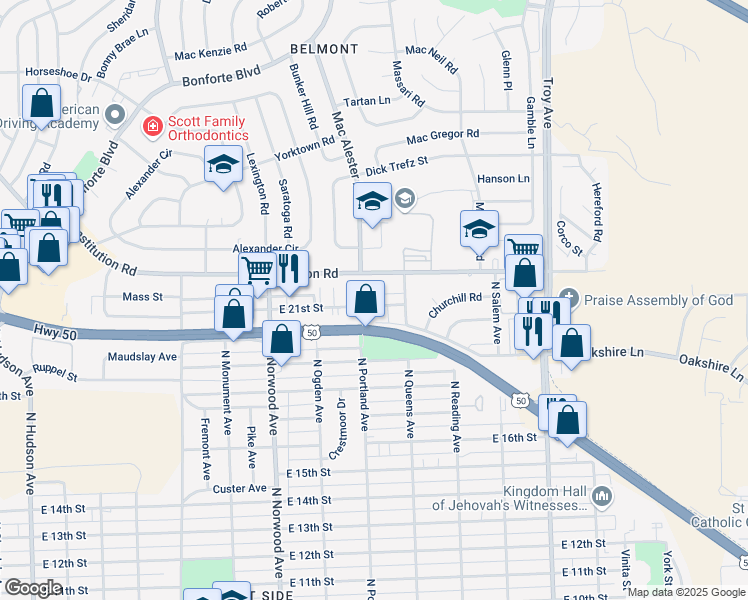 map of restaurants, bars, coffee shops, grocery stores, and more near 1503 East 21st Street in Pueblo