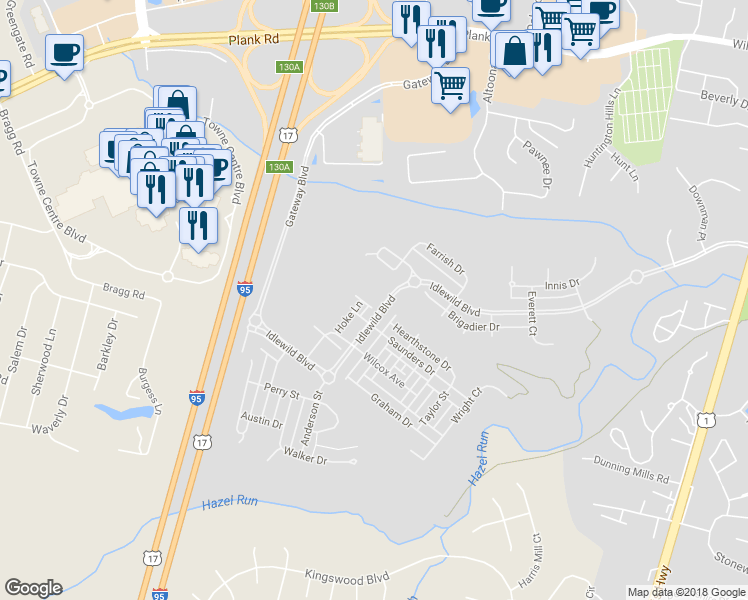map of restaurants, bars, coffee shops, grocery stores, and more near 1603 Gayle Terrace in Fredericksburg