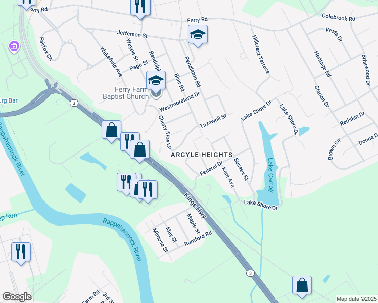 map of restaurants, bars, coffee shops, grocery stores, and more near 105 Windsor Circle in Fredericksburg