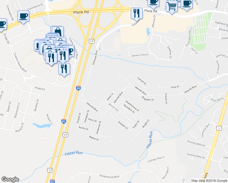 map of restaurants, bars, coffee shops, grocery stores, and more near Gayle Terrace in Fredericksburg