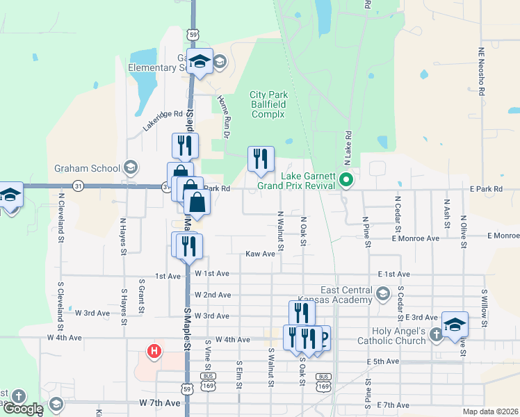 map of restaurants, bars, coffee shops, grocery stores, and more near 212-298 Elm St in Garnett