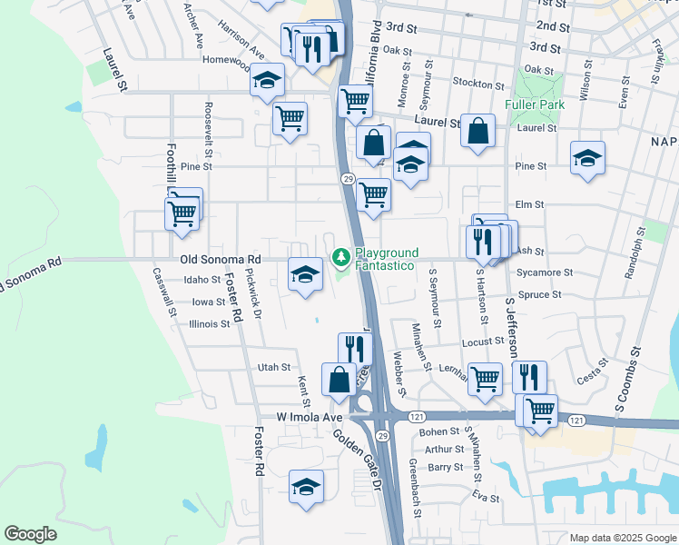 map of restaurants, bars, coffee shops, grocery stores, and more near 2400 Old Sonoma Road in Napa