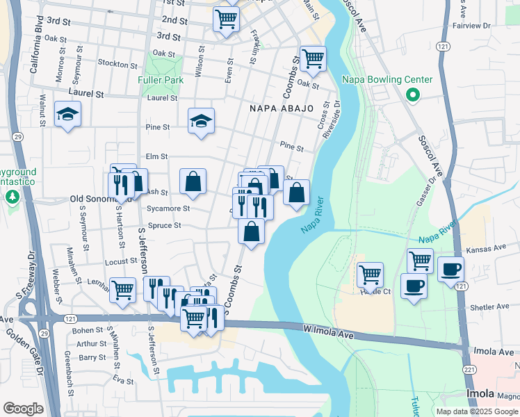 map of restaurants, bars, coffee shops, grocery stores, and more near 75 Coombs Street in Napa