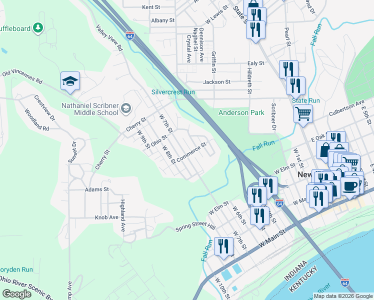 map of restaurants, bars, coffee shops, grocery stores, and more near 721 West 7th Street in New Albany