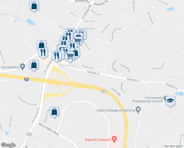 map of restaurants, bars, coffee shops, grocery stores, and more near 13656 Pinnacle Gardens Circle in Louisville