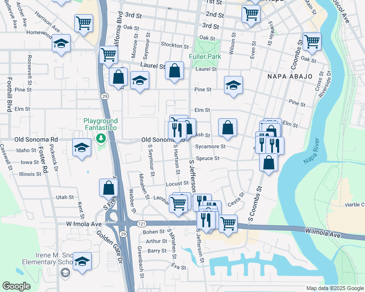 map of restaurants, bars, coffee shops, grocery stores, and more near 1825 Old Sonoma Road in Napa