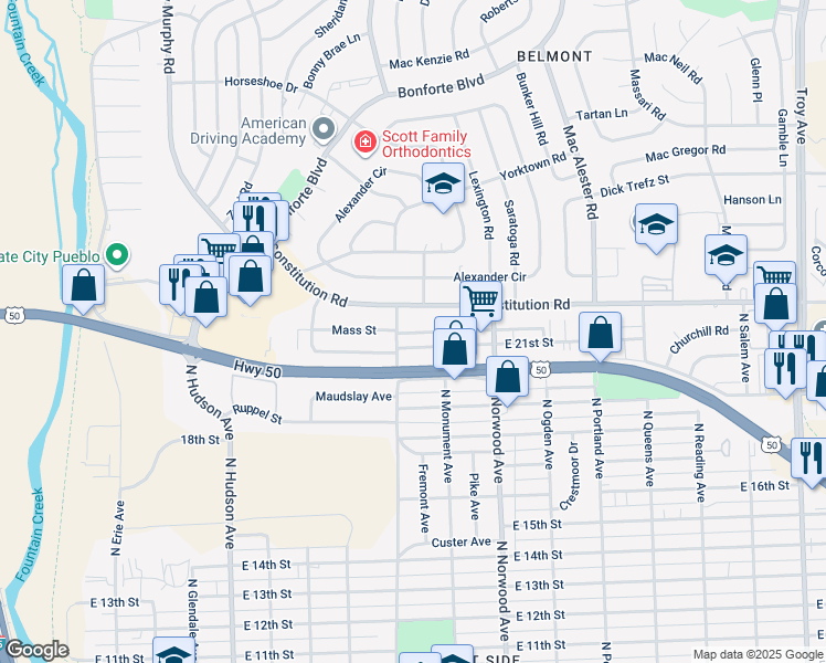 map of restaurants, bars, coffee shops, grocery stores, and more near 1301 Anita Street in Pueblo