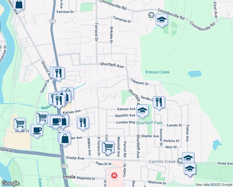 map of restaurants, bars, coffee shops, grocery stores, and more near 57 Belvedere Court in Napa