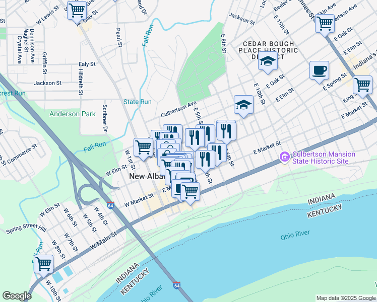 map of restaurants, bars, coffee shops, grocery stores, and more near 306 East Elm Street in New Albany
