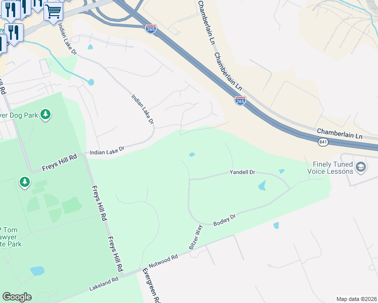 map of restaurants, bars, coffee shops, grocery stores, and more near 11201 Bodley Drive in Louisville