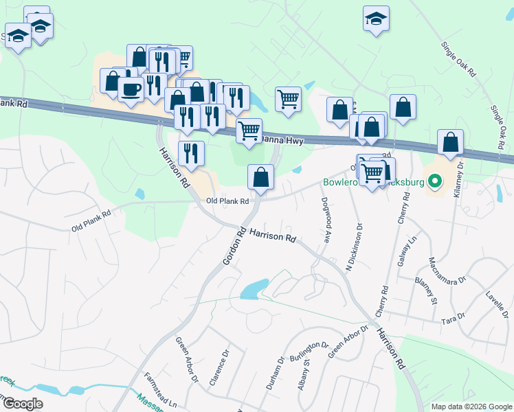 map of restaurants, bars, coffee shops, grocery stores, and more near 6530 Old Plank Road in Fredericksburg