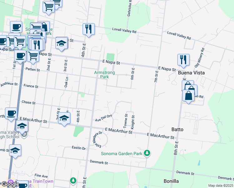 map of restaurants, bars, coffee shops, grocery stores, and more near 657 Adler Court in Sonoma