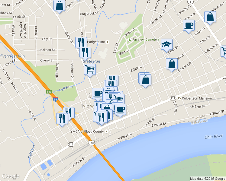 map of restaurants, bars, coffee shops, grocery stores, and more near 202 East Elm Street in New Albany