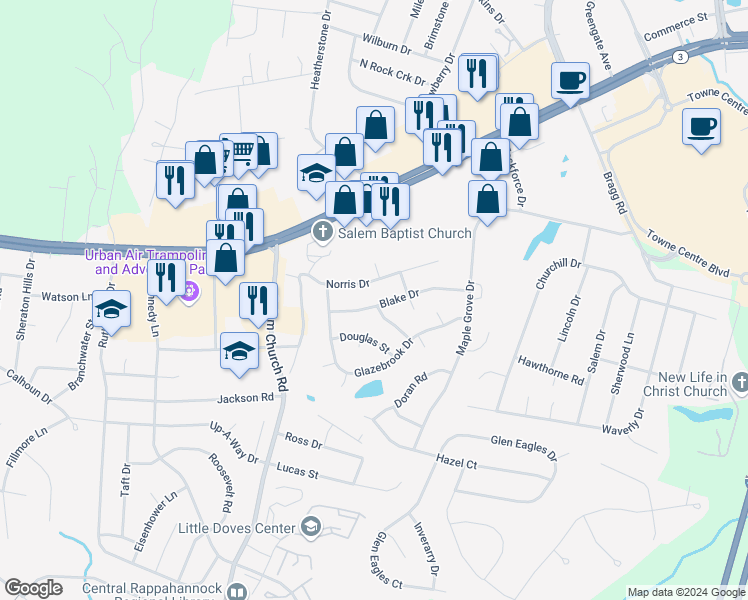 map of restaurants, bars, coffee shops, grocery stores, and more near 4008 Blake Drive in Fredericksburg