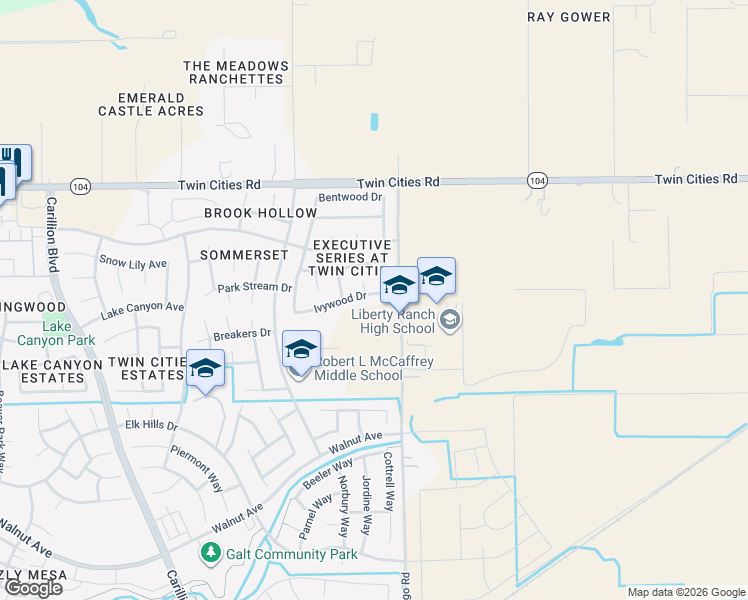 map of restaurants, bars, coffee shops, grocery stores, and more near 1260 Ivywood Drive in Galt