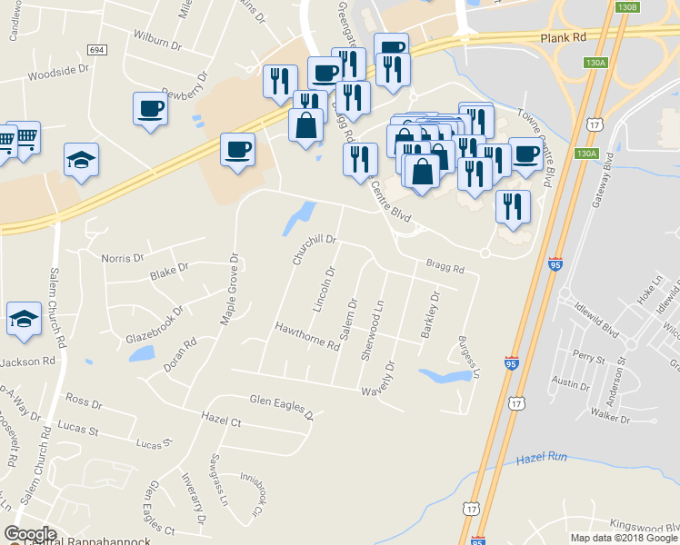 map of restaurants, bars, coffee shops, grocery stores, and more near 837 Lincoln Drive in Fredericksburg