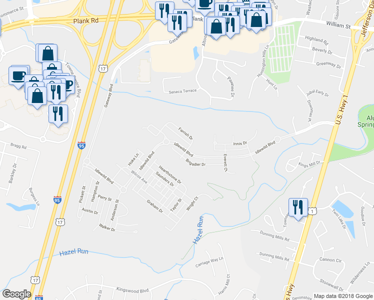 map of restaurants, bars, coffee shops, grocery stores, and more near 1517 Idlewild Boulevard in Fredericksburg