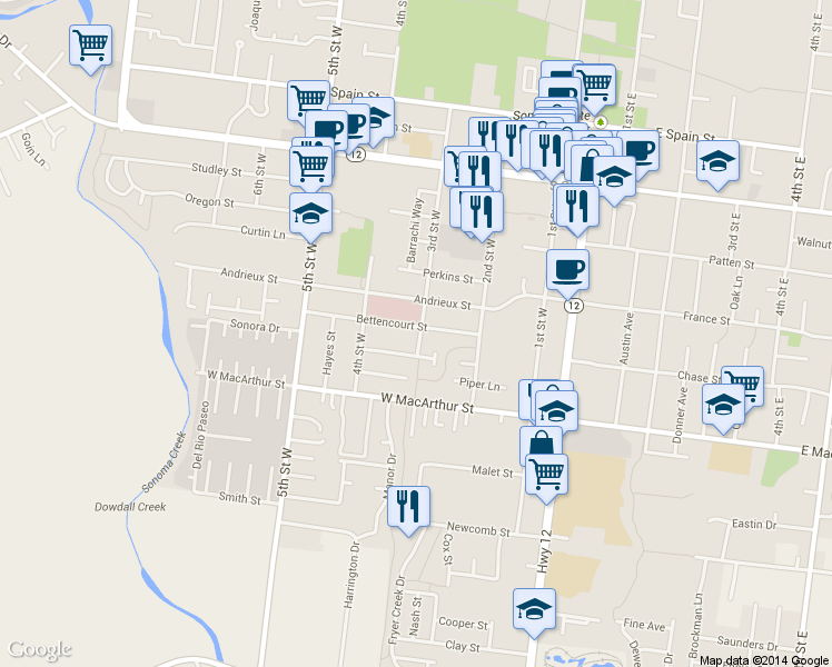 map of restaurants, bars, coffee shops, grocery stores, and more near 305 Bettencourt Street in Sonoma