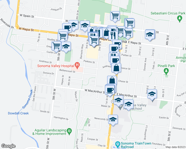 map of restaurants, bars, coffee shops, grocery stores, and more near 219 Bettencourt Street in Sonoma