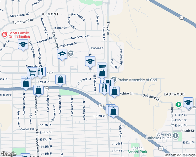 map of restaurants, bars, coffee shops, grocery stores, and more near 2105 North Salem Avenue in Pueblo