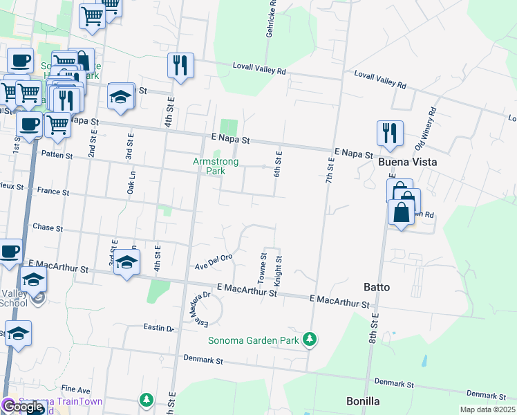 map of restaurants, bars, coffee shops, grocery stores, and more near 657 Adler Court in Sonoma