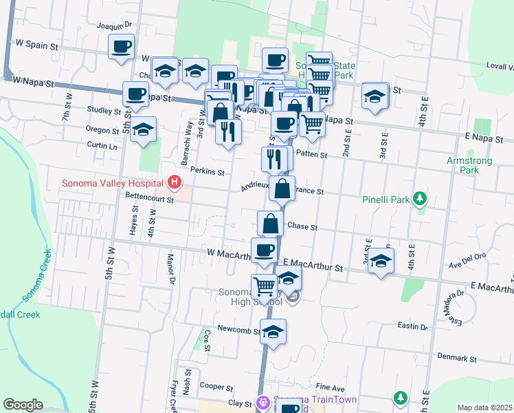 map of restaurants, bars, coffee shops, grocery stores, and more near 745 1st Street West in Sonoma