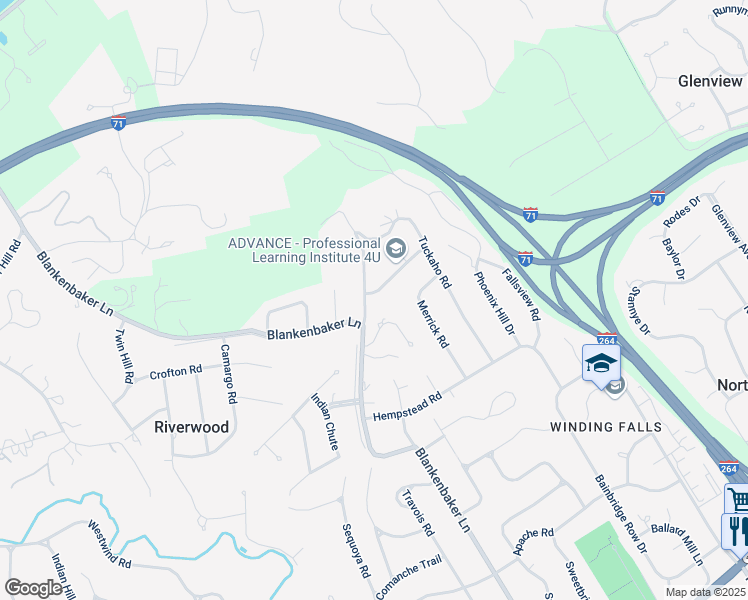 map of restaurants, bars, coffee shops, grocery stores, and more near 2430 Woodside Road in Louisville