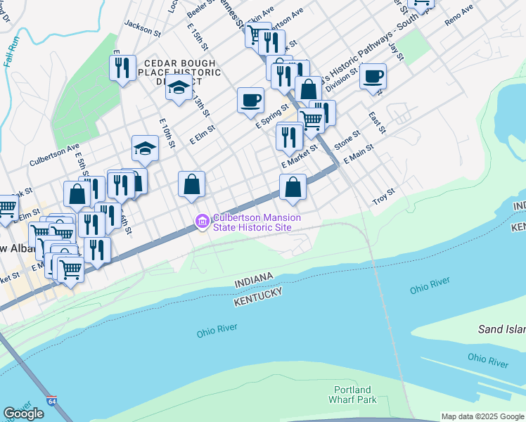 map of restaurants, bars, coffee shops, grocery stores, and more near 80 East 13th Street in New Albany