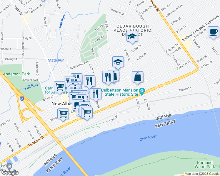 map of restaurants, bars, coffee shops, grocery stores, and more near 538 East Spring Street in New Albany
