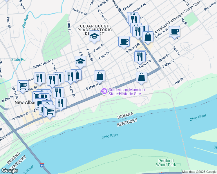 map of restaurants, bars, coffee shops, grocery stores, and more near 1015 East Main Street in New Albany