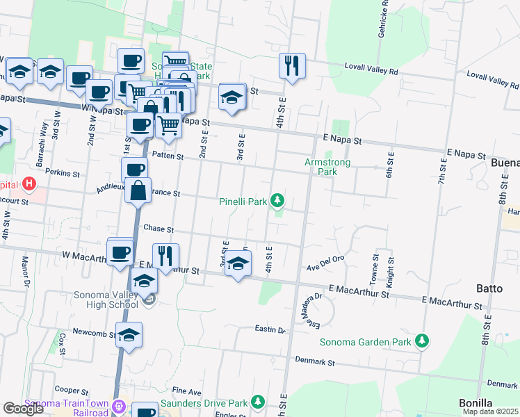 map of restaurants, bars, coffee shops, grocery stores, and more near 373 France Street in Sonoma