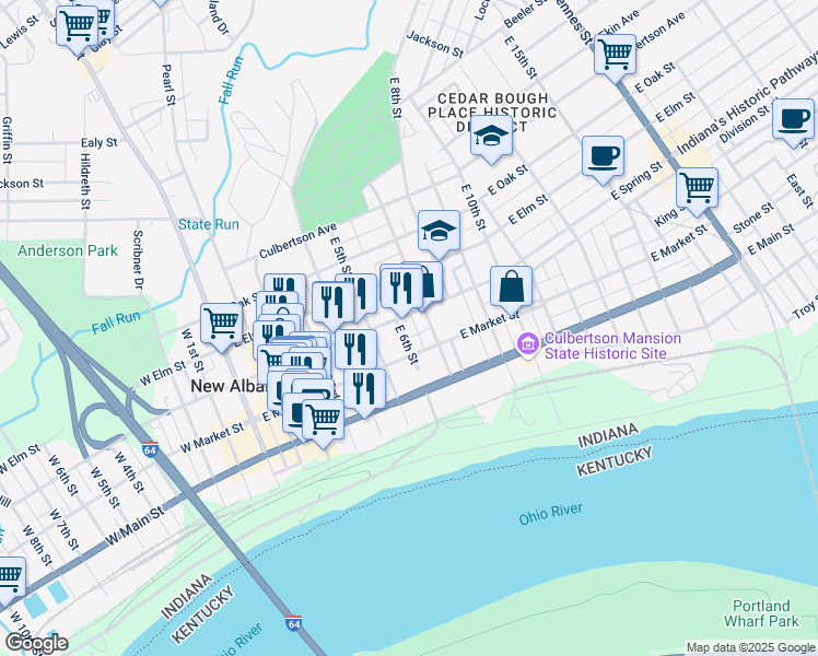map of restaurants, bars, coffee shops, grocery stores, and more near 608 East Spring Street in New Albany