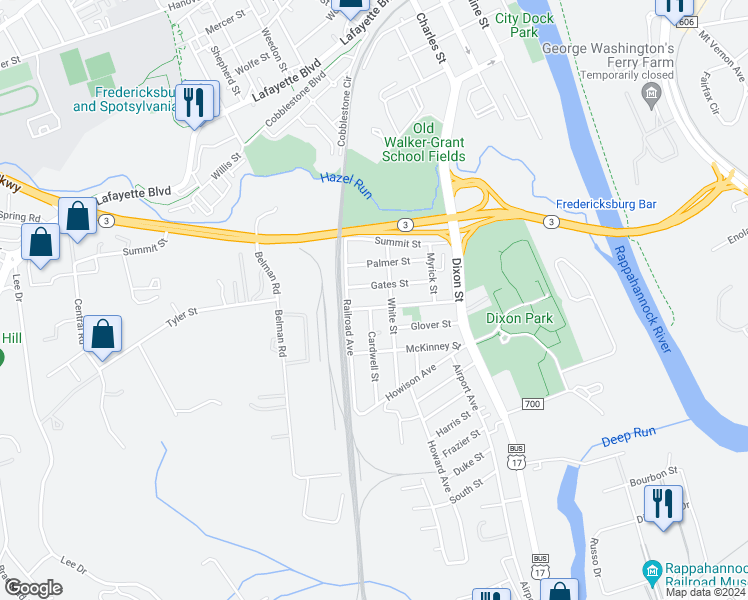 map of restaurants, bars, coffee shops, grocery stores, and more near 419 Tyler Street in Fredericksburg