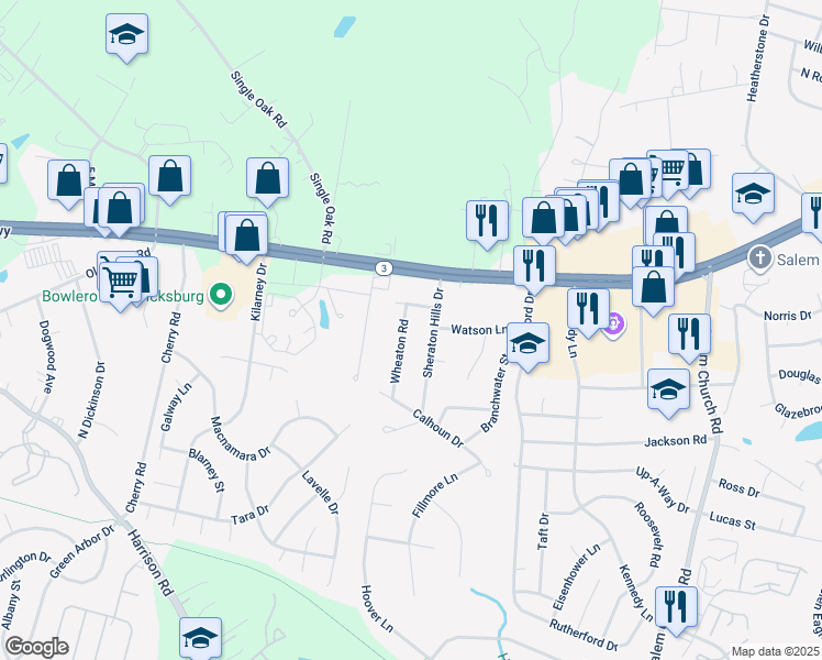 map of restaurants, bars, coffee shops, grocery stores, and more near 12015 Wheaton Road in Fredericksburg