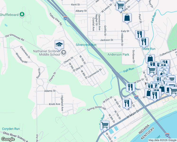 map of restaurants, bars, coffee shops, grocery stores, and more near 721 West 7th Street in New Albany