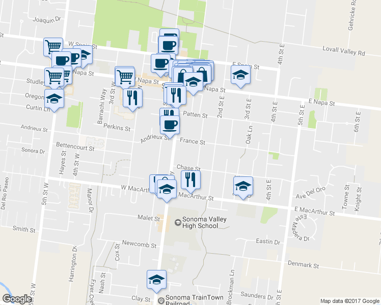 map of restaurants, bars, coffee shops, grocery stores, and more near 737 Austin Avenue in Sonoma