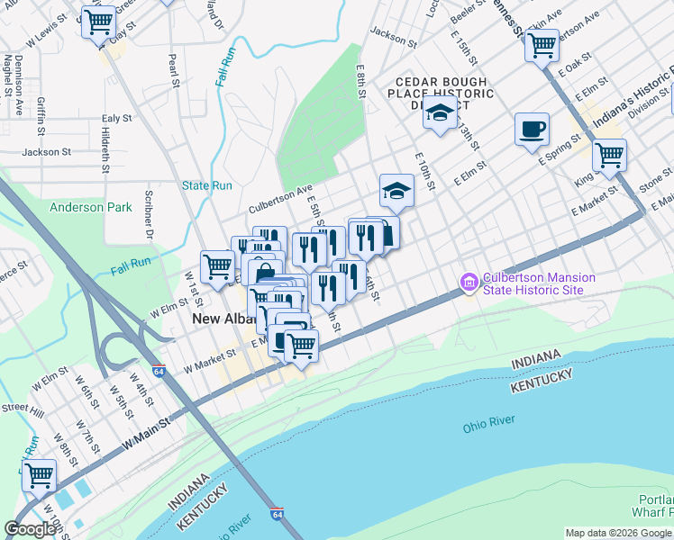 map of restaurants, bars, coffee shops, grocery stores, and more near 411 East Spring Street in New Albany