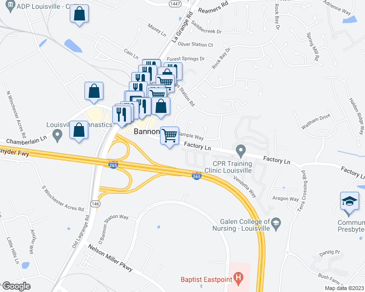 map of restaurants, bars, coffee shops, grocery stores, and more near 13630 Pinnacle Gardens Circle in Louisville
