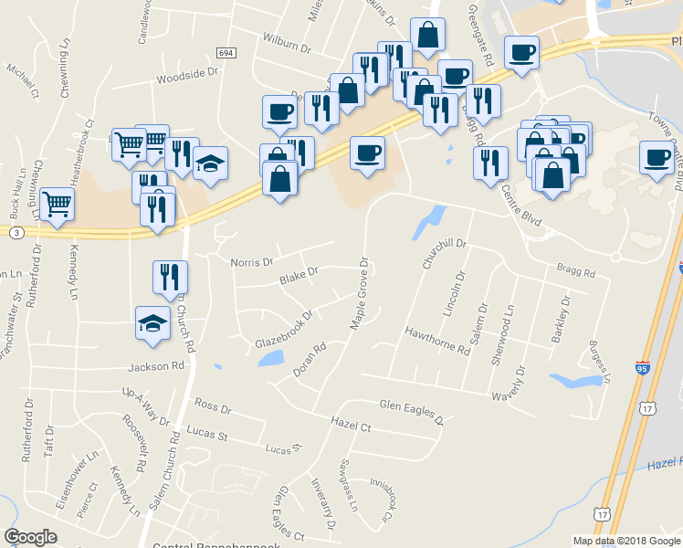 map of restaurants, bars, coffee shops, grocery stores, and more near 3905 Blake Dr in Fredericksburg